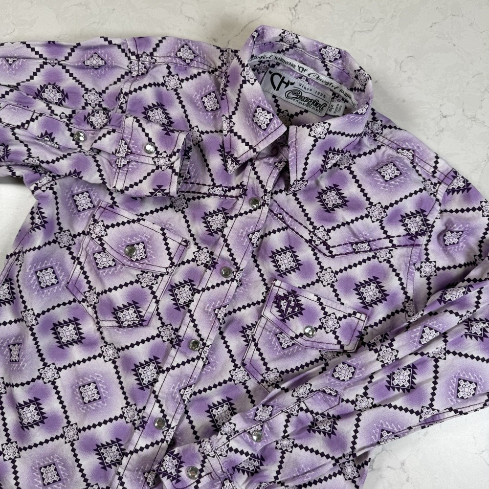 Cowgirl Hardware Western Shirt Girls 6/S Long Sleeve Aztec Purple Crystal Snaps - Picture 2 of 14